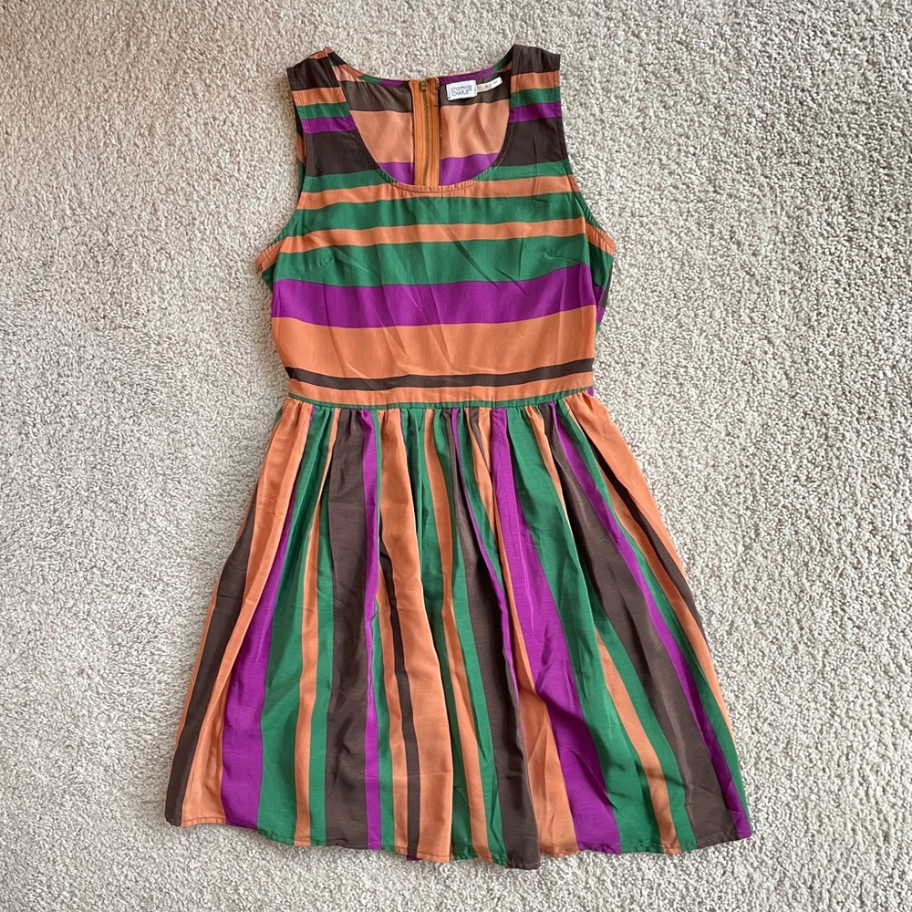 Charming Charlie Purple Green Tan Stripe A-Line Sleeveless Mini Dress Size Small